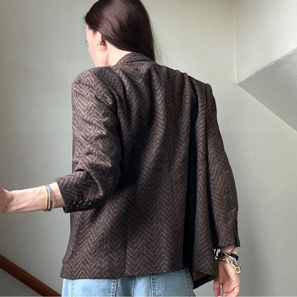 Vintage Evan Picone Herringbone Double Breasted Blazer Jacket Patch Pocket Brown - Picture 4 of 8